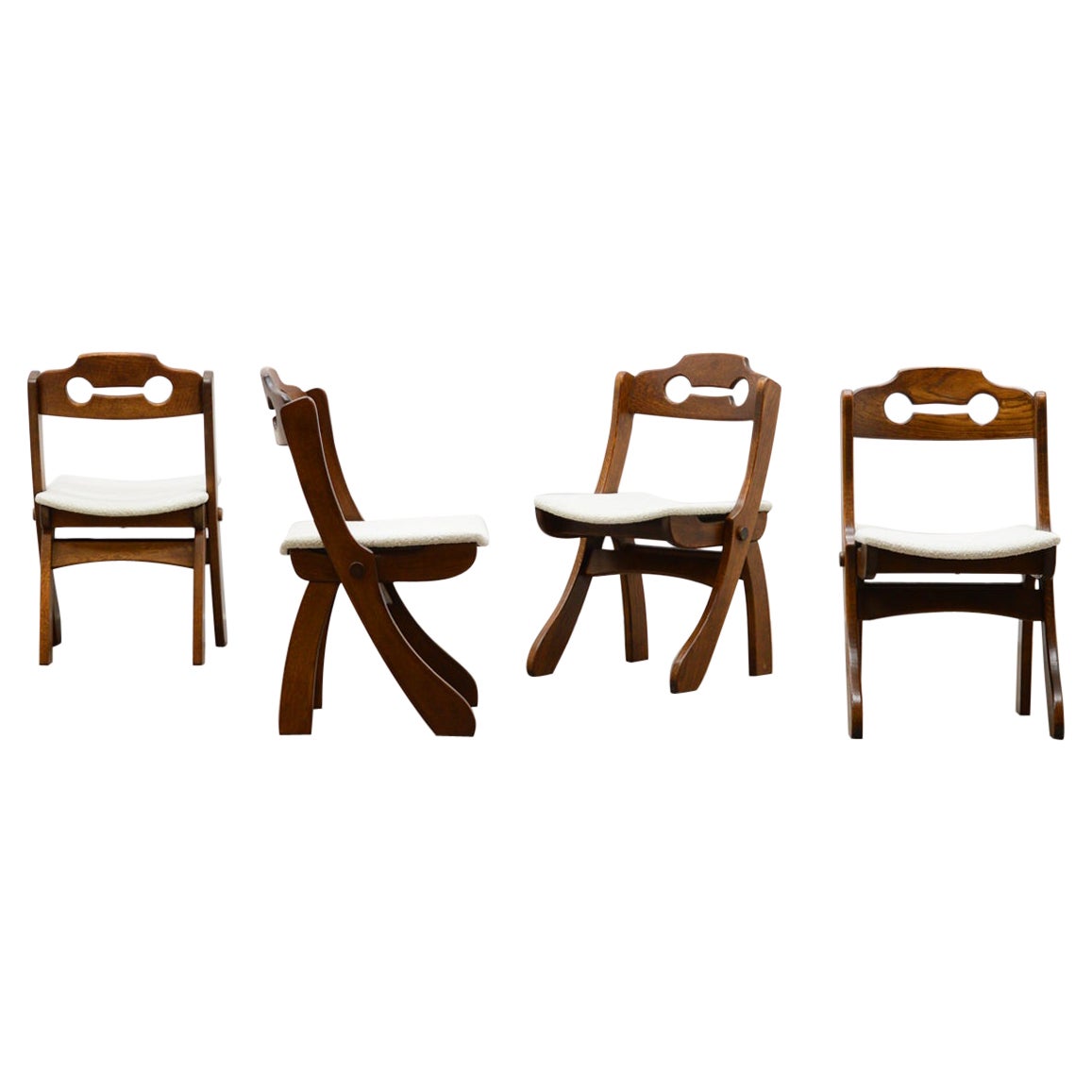 Set of 4 Oak Brutalist Dining Chairs, 70s