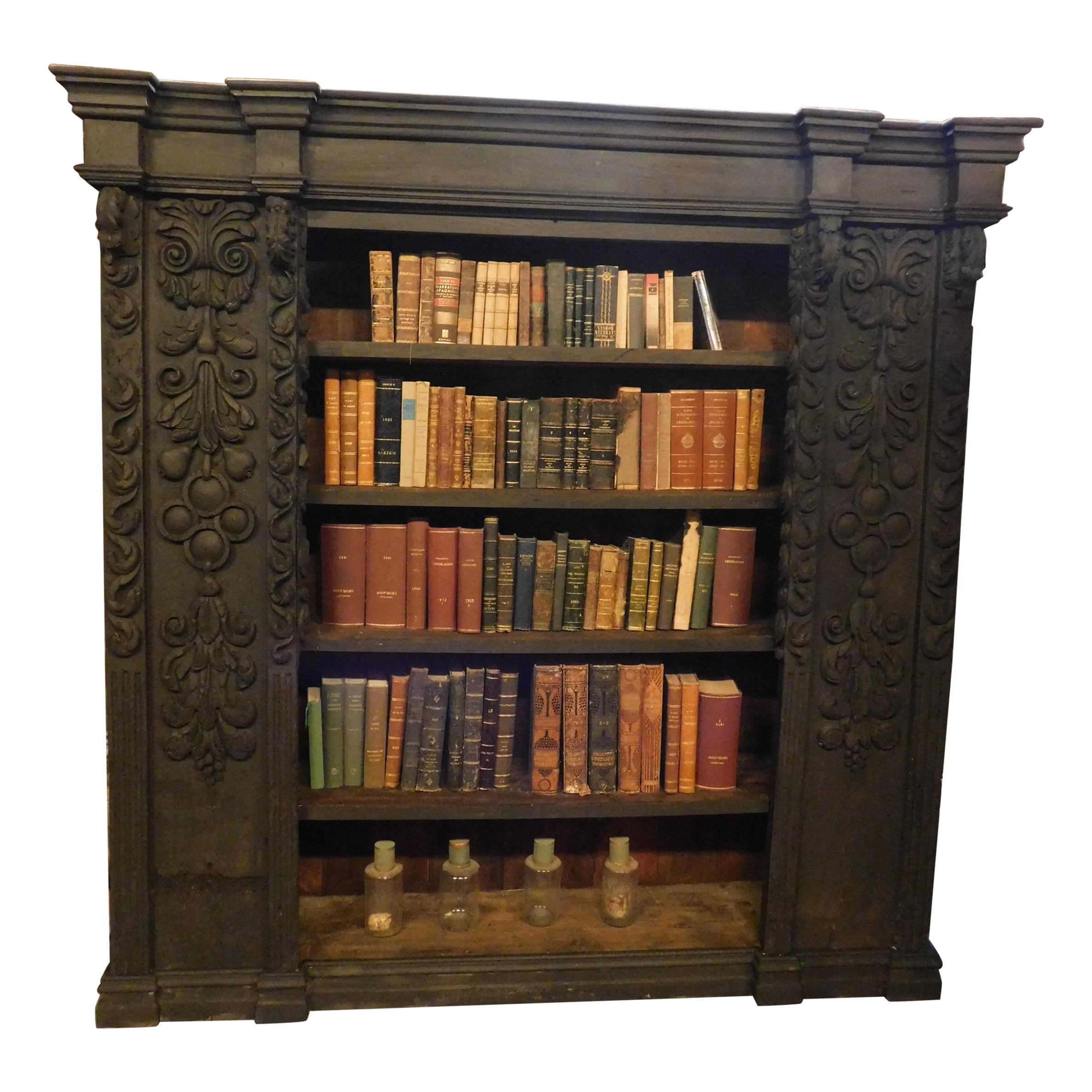 Antique Lacquered and Carved Wooden Bookcase, 16th Century, Spain