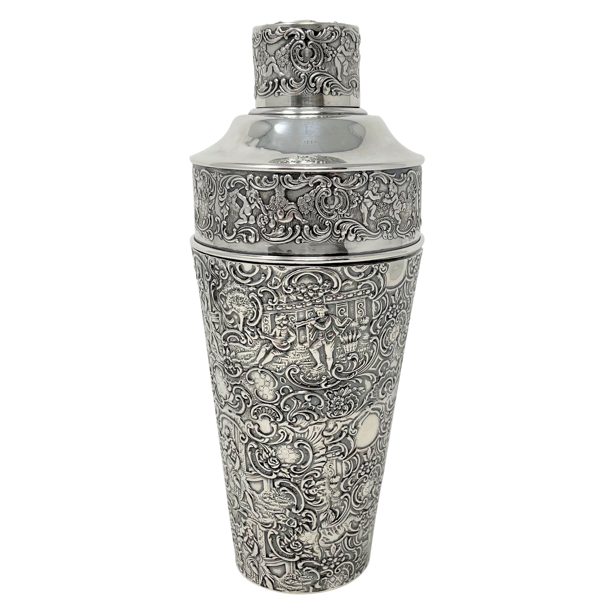 Antique American Repousse Sterling Silver Cocktail Shaker, Circa 1920's