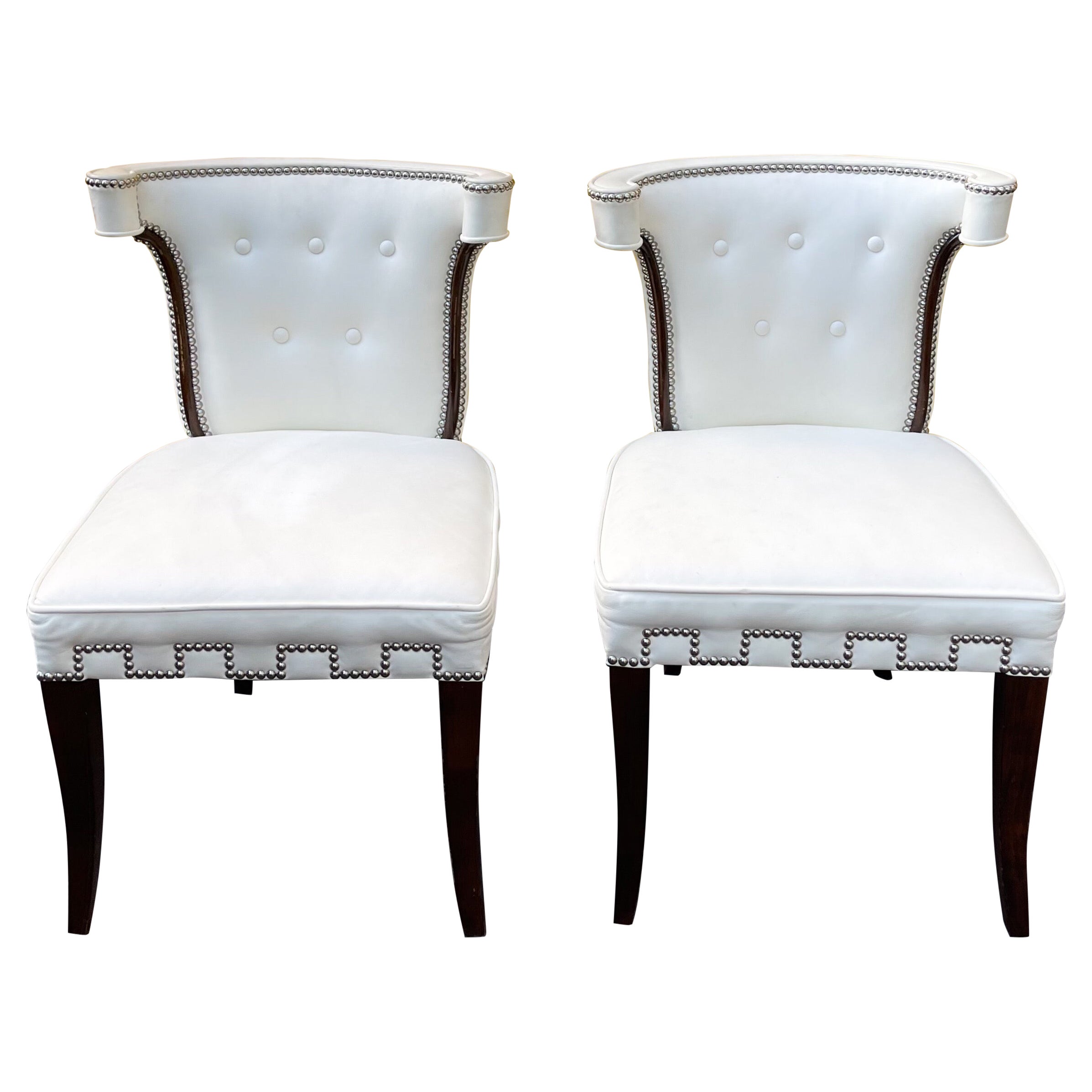 Late 20th-C. Regency Style White Leather Chairs Att. To Billy Baldwin -Pair