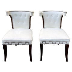 Late 20th-C. Regency Style White Leather Chairs Att. To Billy Baldwin -Pair
