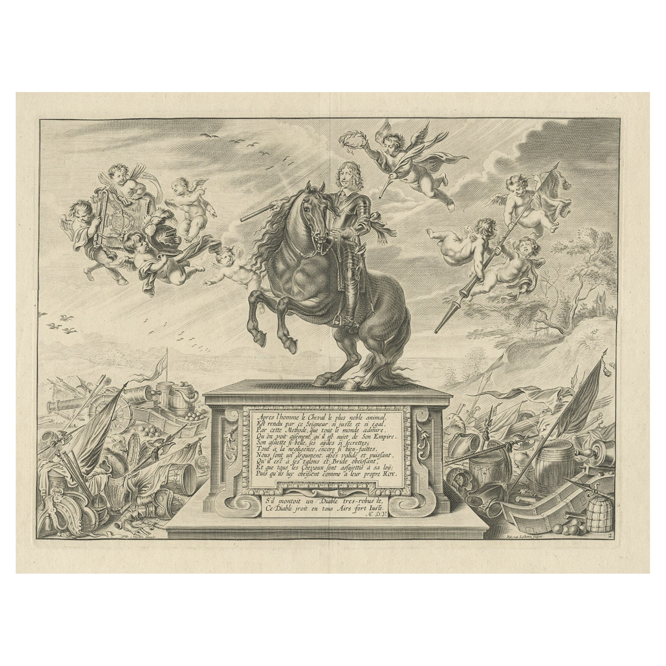 Old Print of William Cavendish, First Duke of Newcastle, on Horseback, ca.1740 For Sale