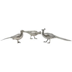 Ensemble de 3 sculptures de paon en argent continental ancien 800, vers les années 1920-1940