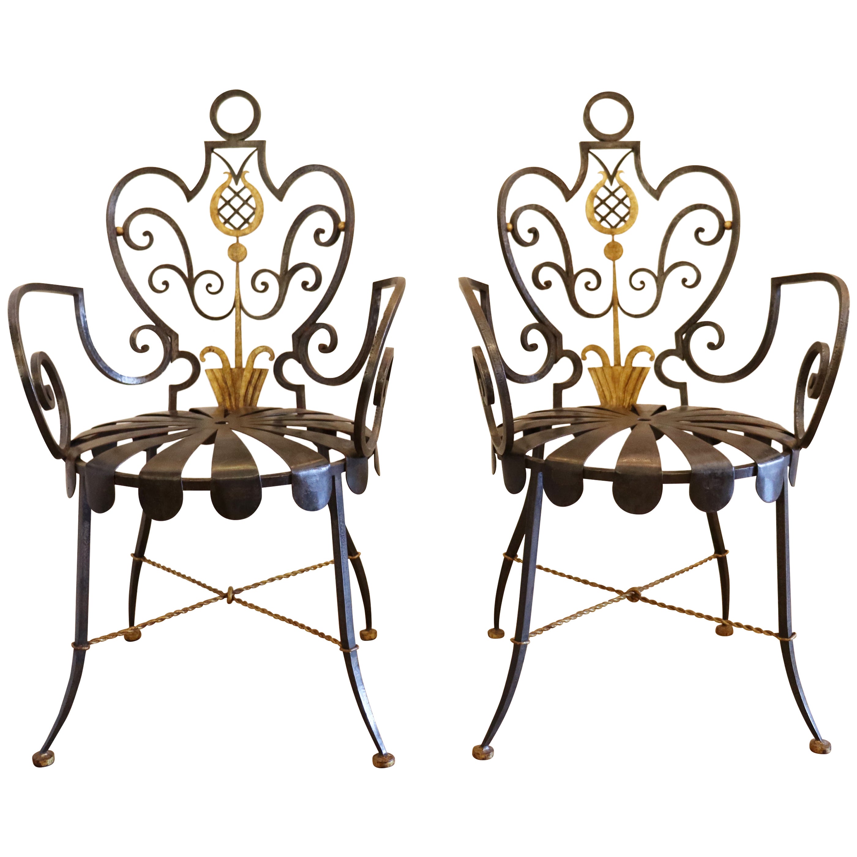 Pair of Parcel-Gilt Wrought-Iron Armchairs by Gilbert Poillerat