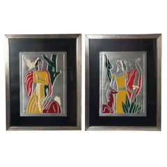 Antique Pair of Art Deco Period Framed Embossed Metallic Painted Art