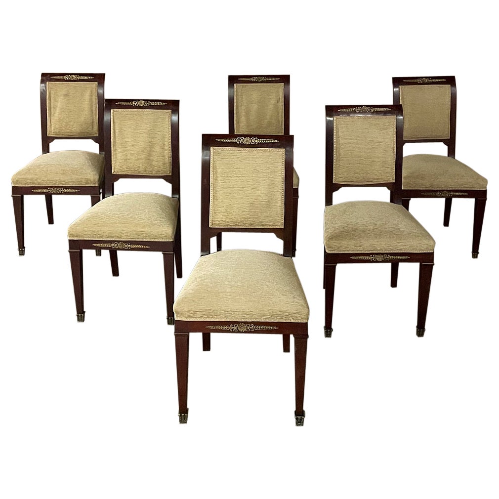 Set of 6 French Empire Dining Chairs in Mahogany with Bronze Mounts For Sale