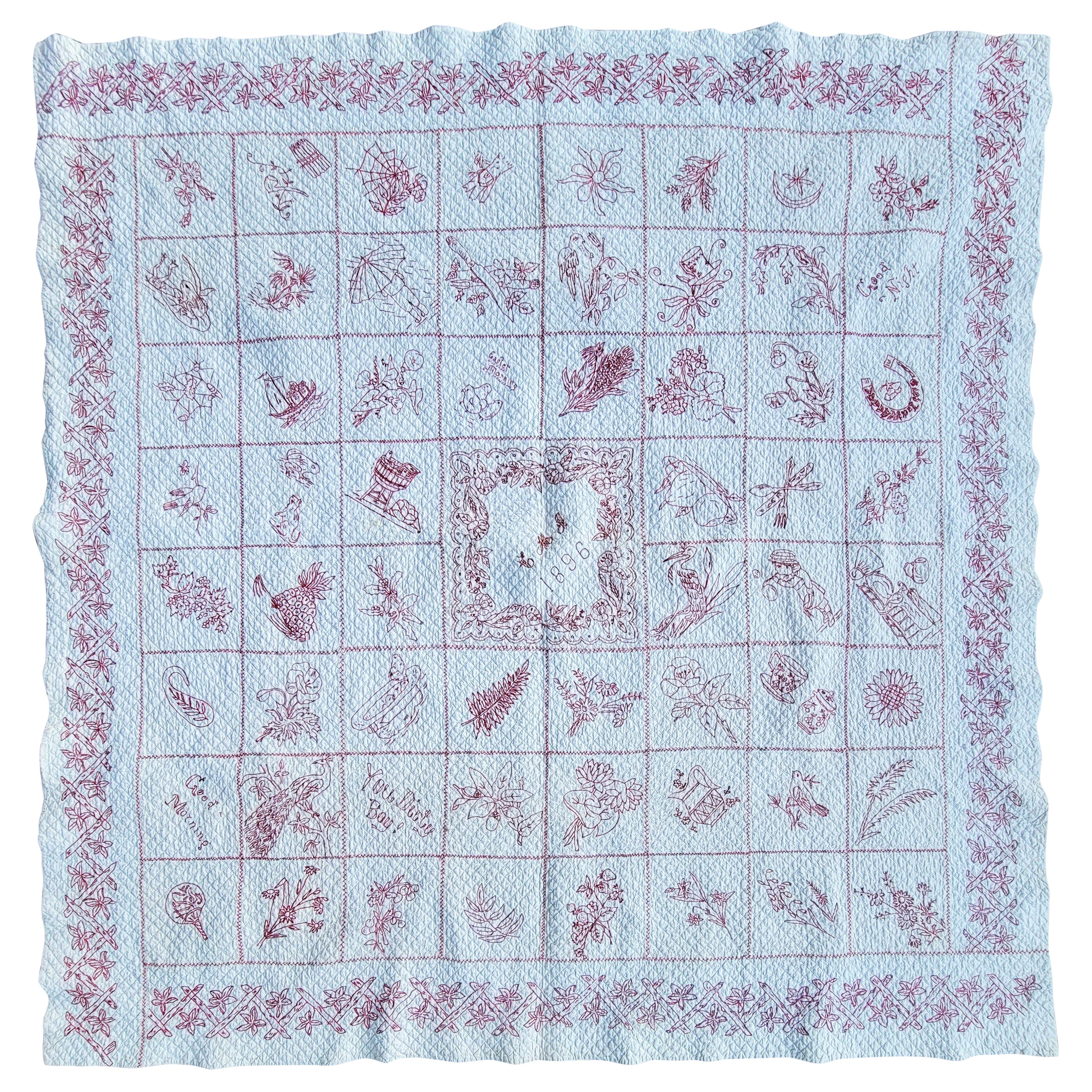19th C Signed & Dated 1898 Embroidered Sampler Quilt For Sale