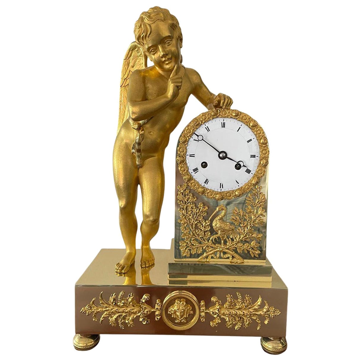 Antique French Gilt Mantel Clock with Winged Cherub, Silk Suspension, circa 1830