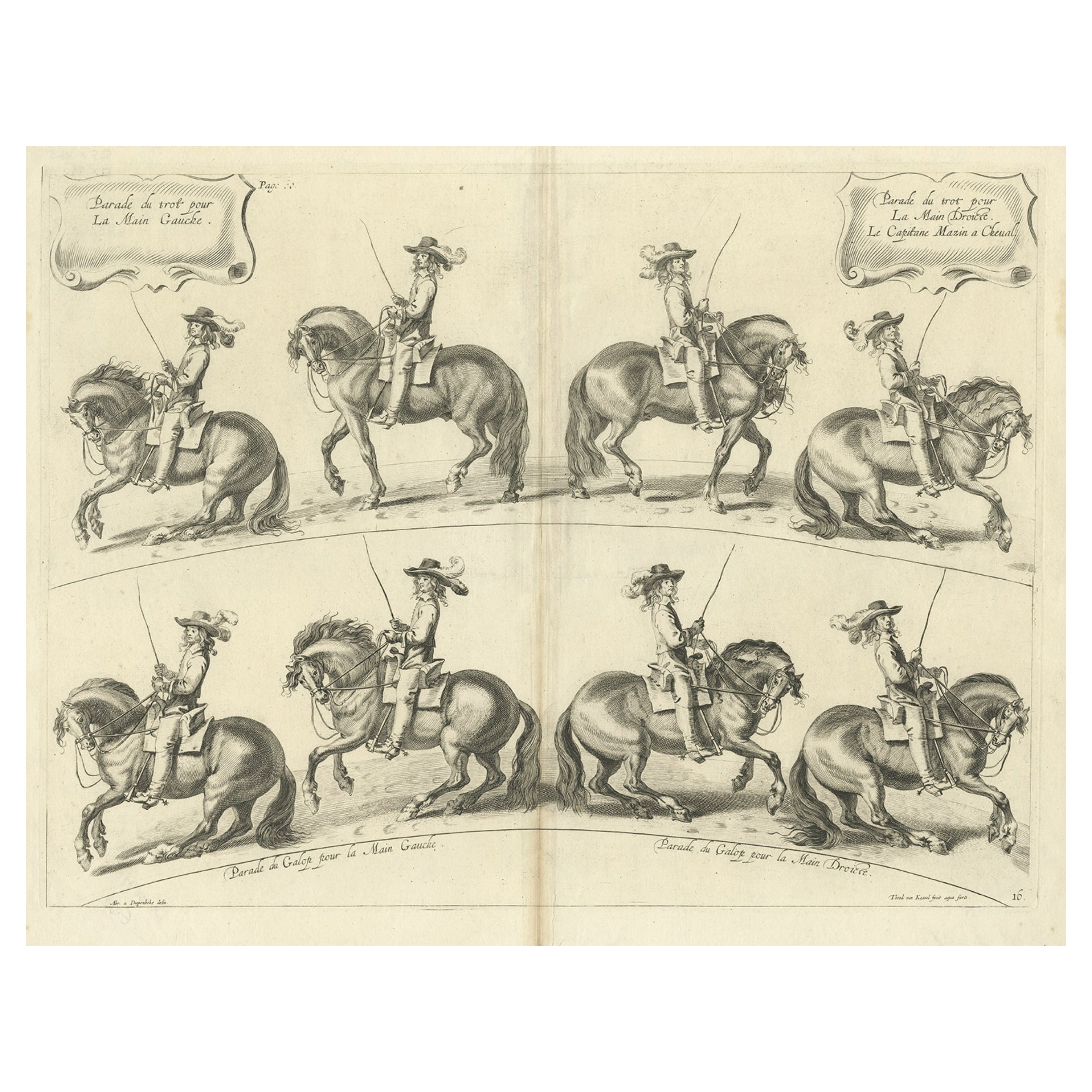 Original Antique Print of a New Way of Dressing or Schooling of Horses, ca.1740