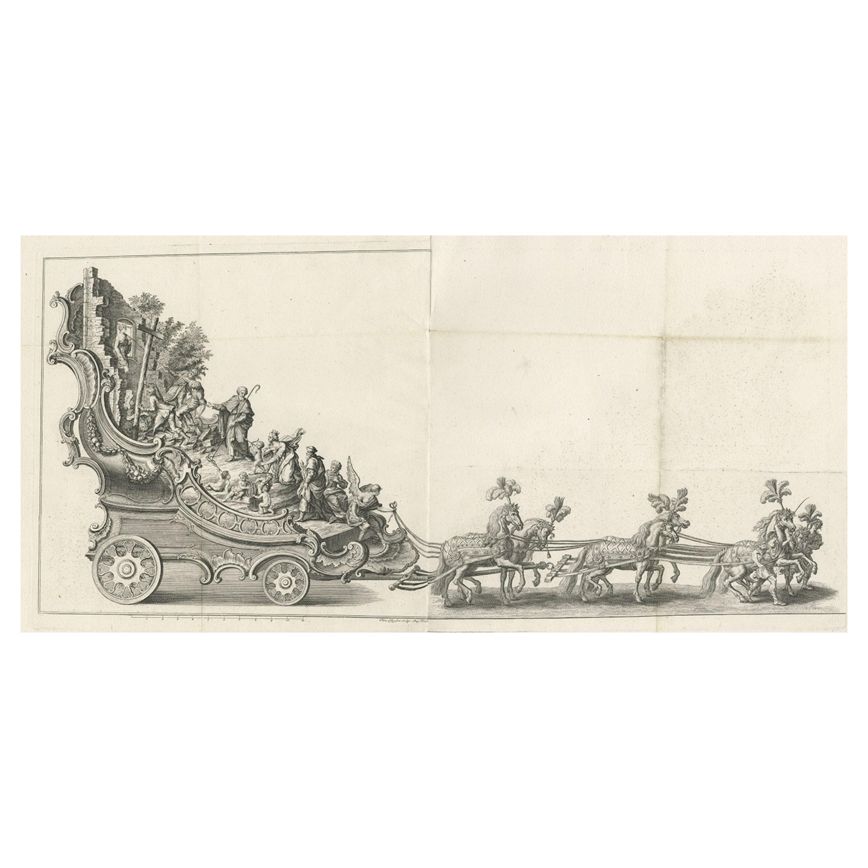Remarkable Antique Print of a Horse Drawn Float with Religious Figures, 1775