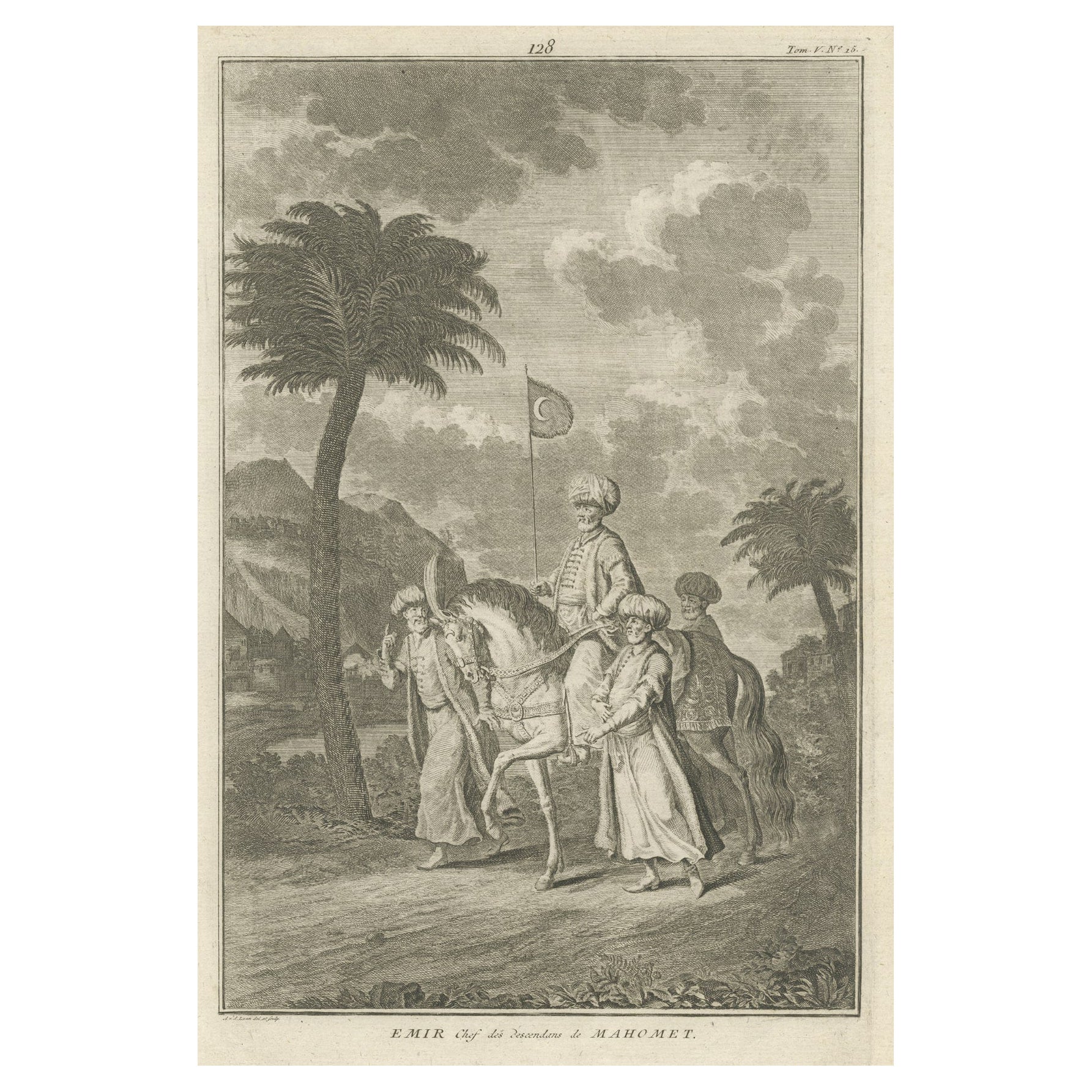 Old Original Print of an Islamic Emir on a Horse, 1727 For Sale