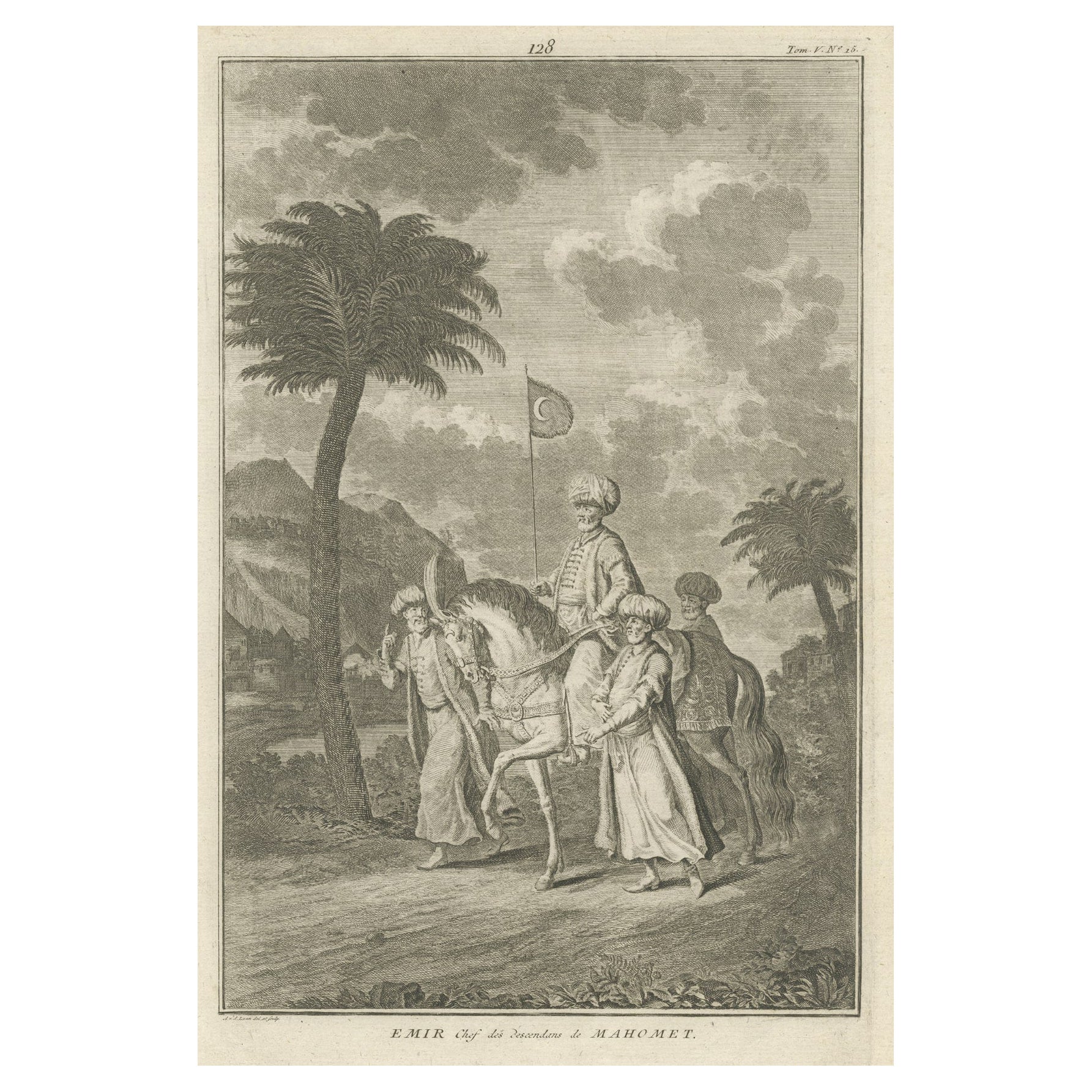 Ancienne estampe originale d'un émiral islamique sur un cheval, 1727