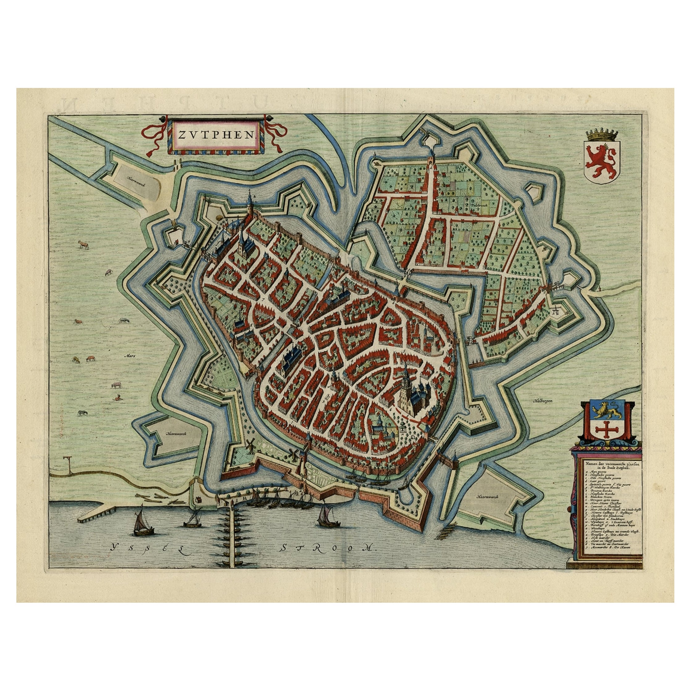 Carte originale avec vue à l'œil d'oiseau de Zutphen aux Pays-Bas par Blaeu, 1649