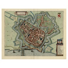Original Map with Bird's-Eye View of Zutphen in the Netherlands by Blaeu, 1649