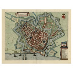 Carte originale avec vue à l'œil d'oiseau de Zutphen aux Pays-Bas par Blaeu, 1649