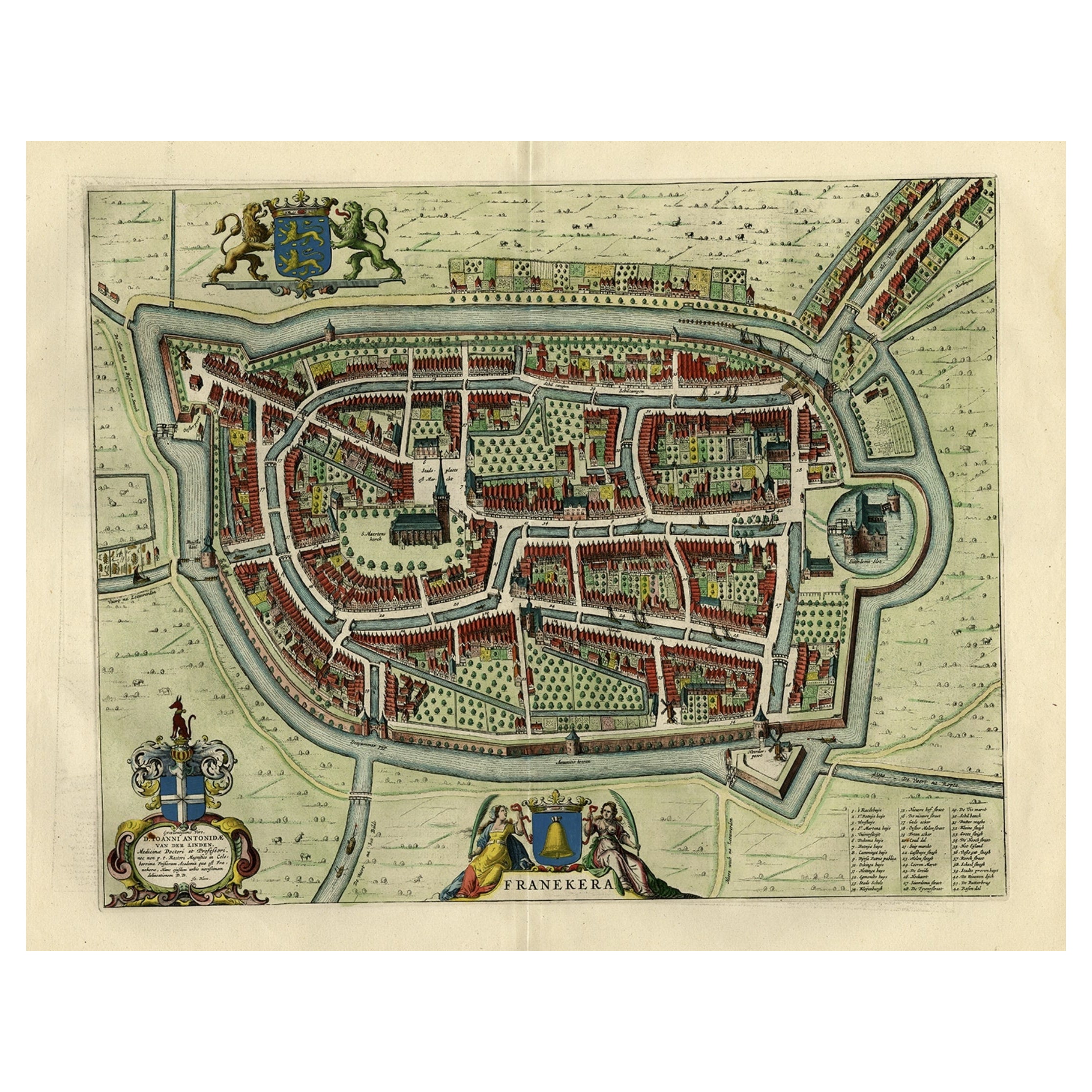 Ancienne carte de la ville de Franeker, Friesland, réalisée par le célèbre ébéniste Blaeu, 1652