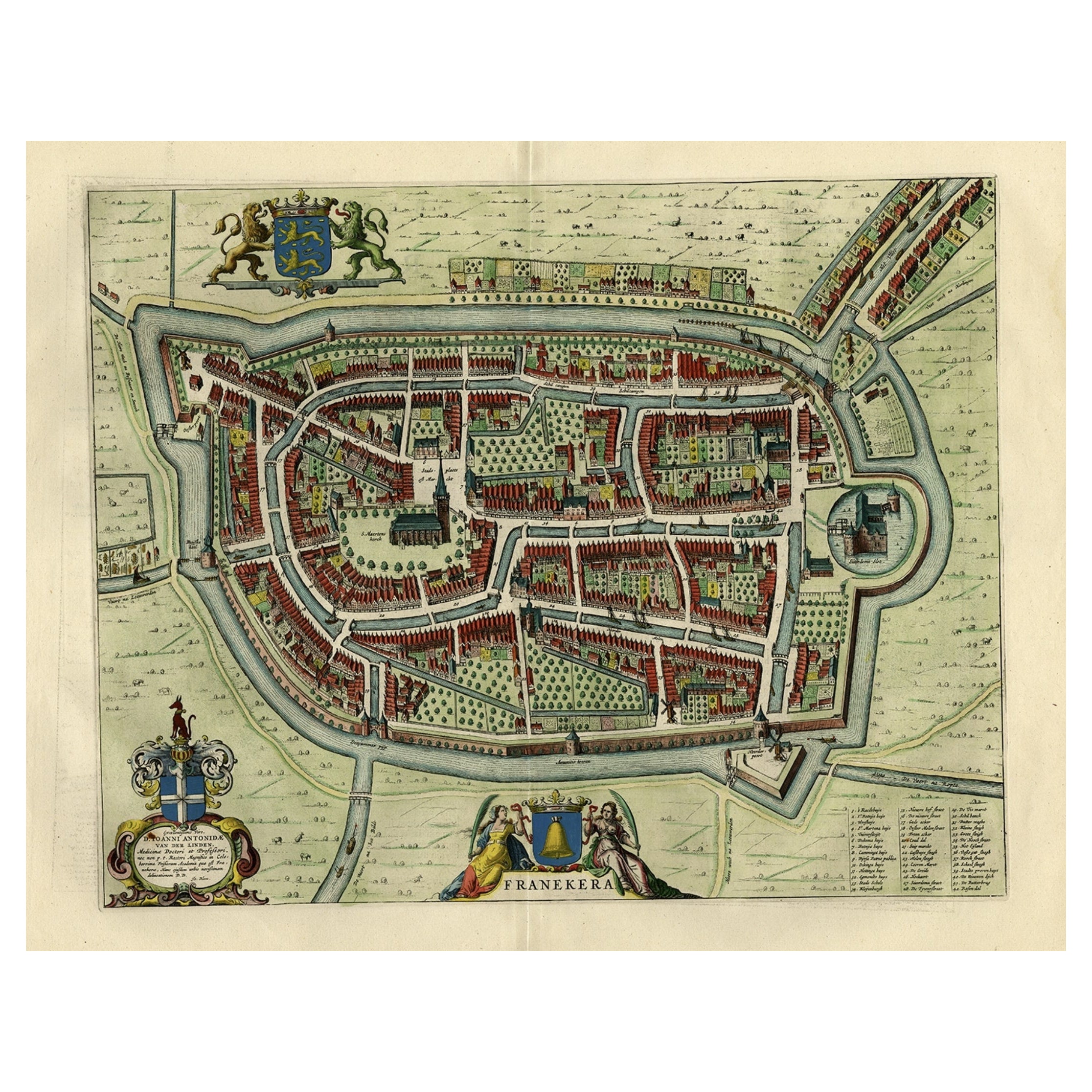 Mapa antiguo de la ciudad de Franeker, Frisia, por el famoso cartógrafo Blaeu, 1652