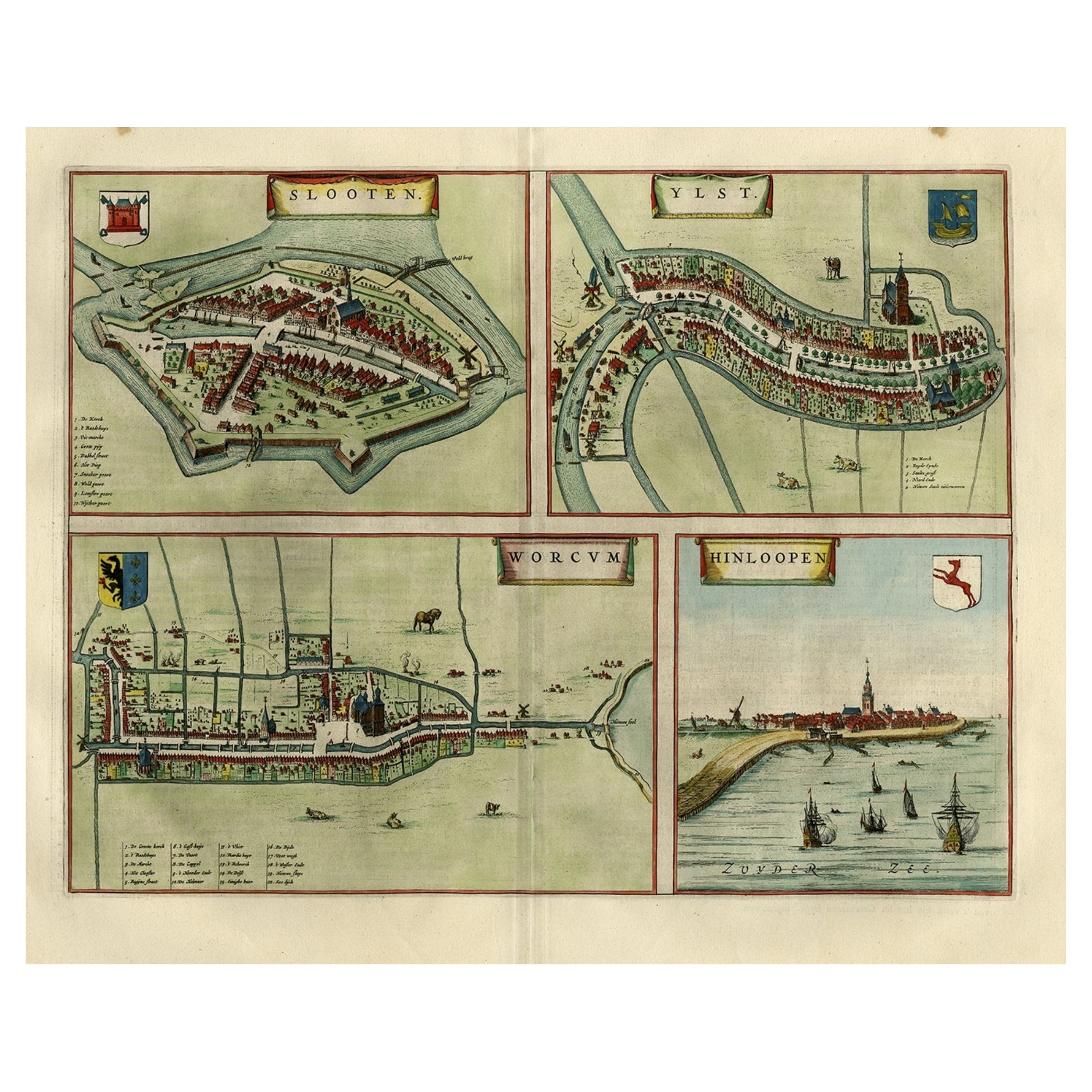 Antique Map of Frisian Cities Sloten, Ylst, Workum and Hindelopen by Blaeu, 1652 For Sale