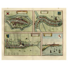 Carte ancienne des villes flamandes Sloten, Ylst, Workum et Hindelopen par Blaeu, 1652