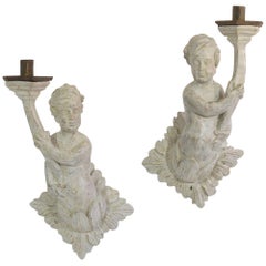 Pair 18th Century, Italian Carved Wooden Baroque Angels with Candleholders