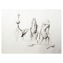 Jules Perahim Surrealist Drawing, Signed and Dated, France, 1976