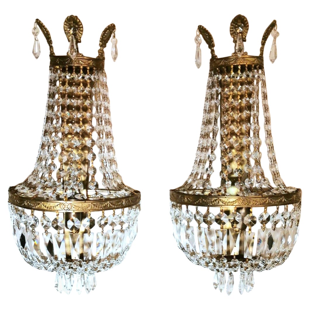 Louis XVI Style Pair of French Balloon Sconces in Brass and Crystal