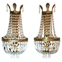 Louis XVI Style Pair of French Balloon Sconces in Brass and Crystal