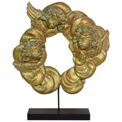 Italian 18th Century Carved Wooden Baroque Wreath with Winged Angel Heads