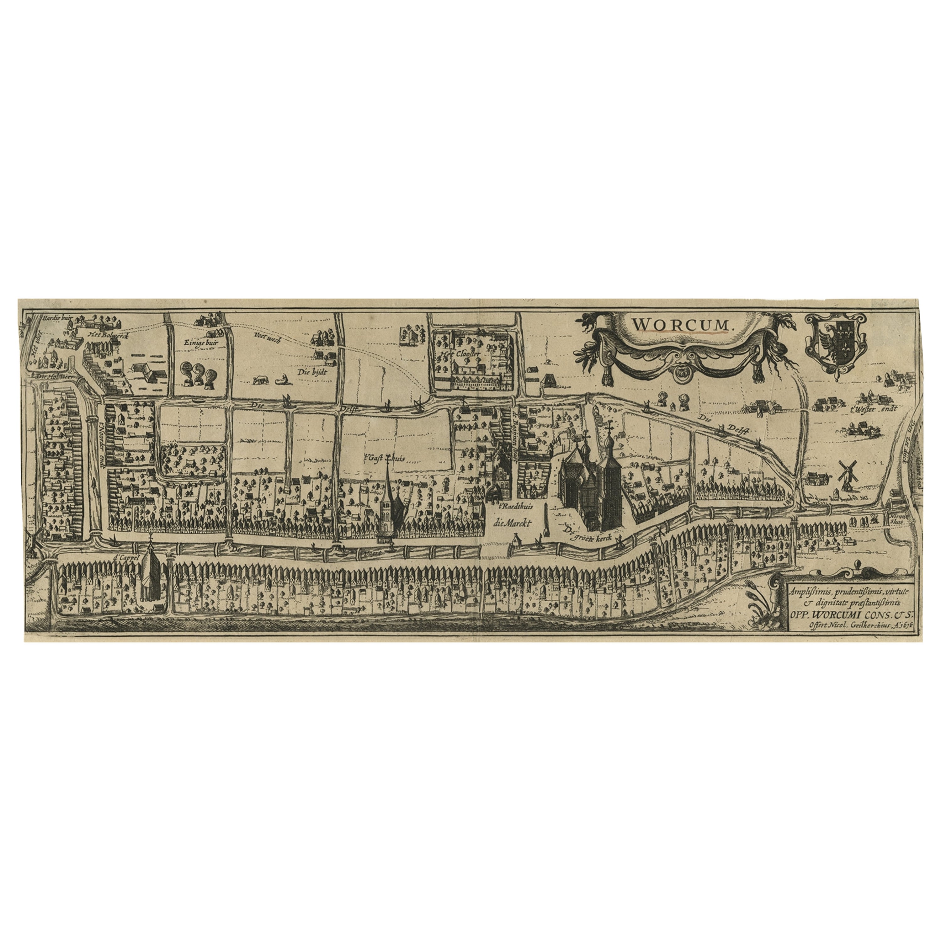 Vieille et rare vue originale de la ville de Workum, Friesland, Pays-Bas, 1616