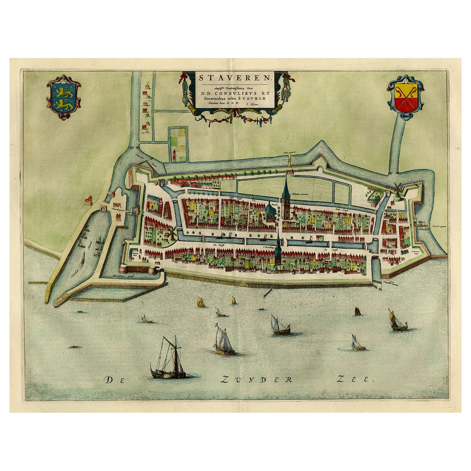 Carte ancienne originale de la ville de Stavoren, Friesland, Pays-Bas, 1649