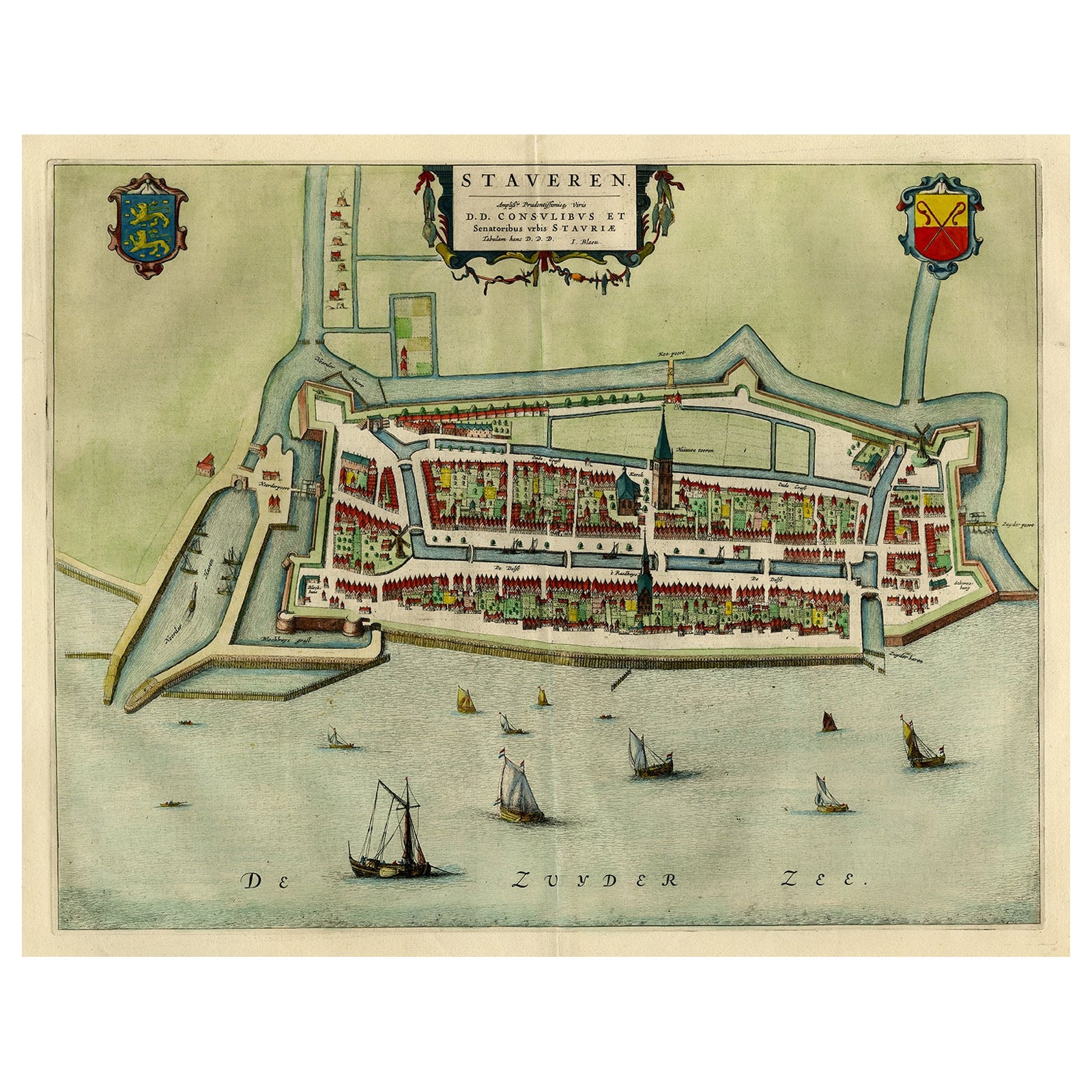 Mapa original antiguo de la ciudad de Stavoren, Frisia, Países Bajos, 1649