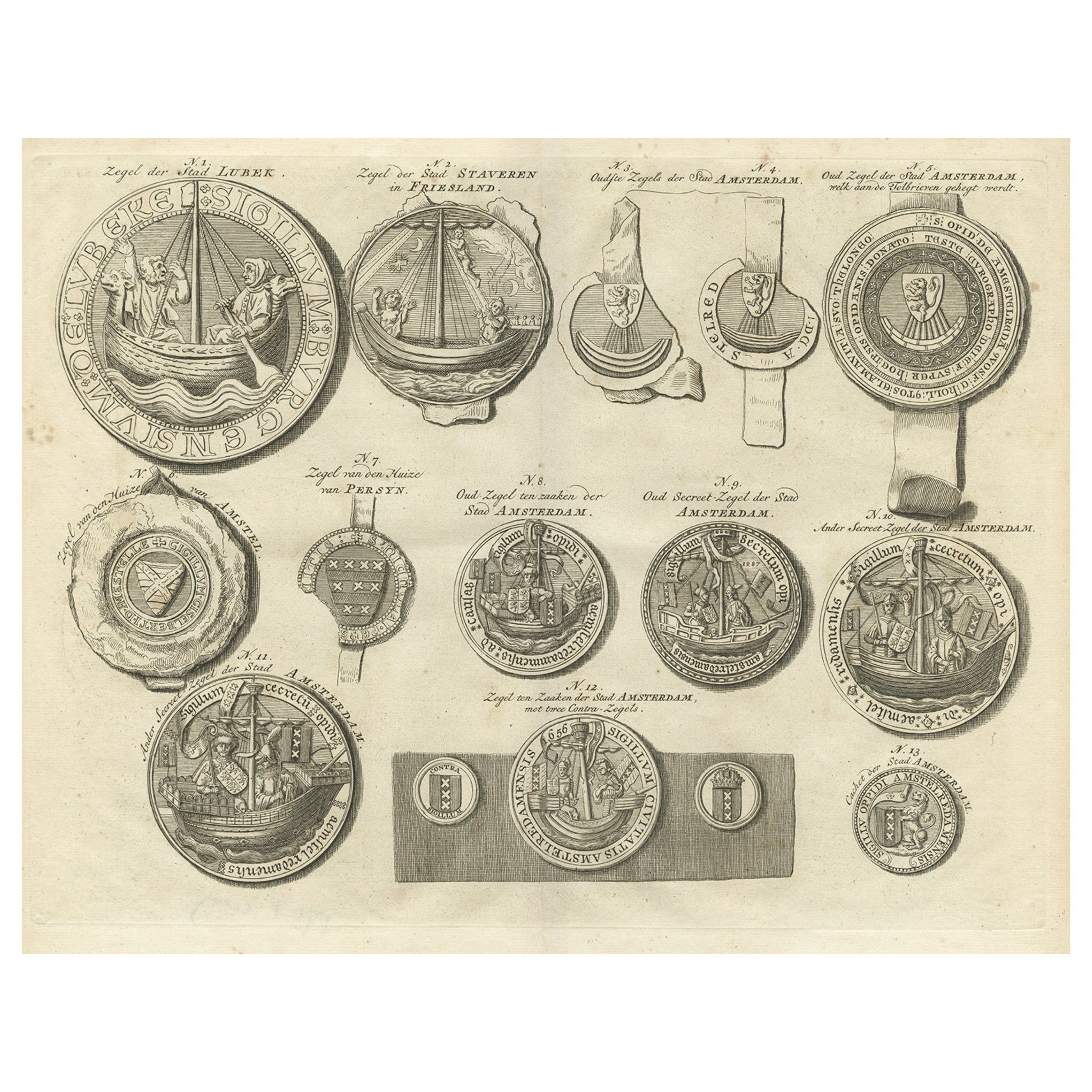 Original Old Copper Engravings of Seals of Lubeck, Stavoren, Amsterdam etc. 1767 For Sale