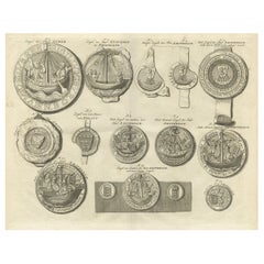 Gravures originales en cuivre ancienne représentant des sceaux de Lubeck, Stavoren, Amsterdam, etc. 1767