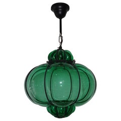 Mid-Century Seguso Style Murano Green Bubbles Blown Lantern Chandelier