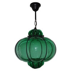 Vintage Midcentury Seguso Style Murano Green Bubbles Blown Lantern Chandelier