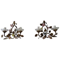 1890 French Double Arm Old Antique Tole Porcelain Roses Flowers Sconces