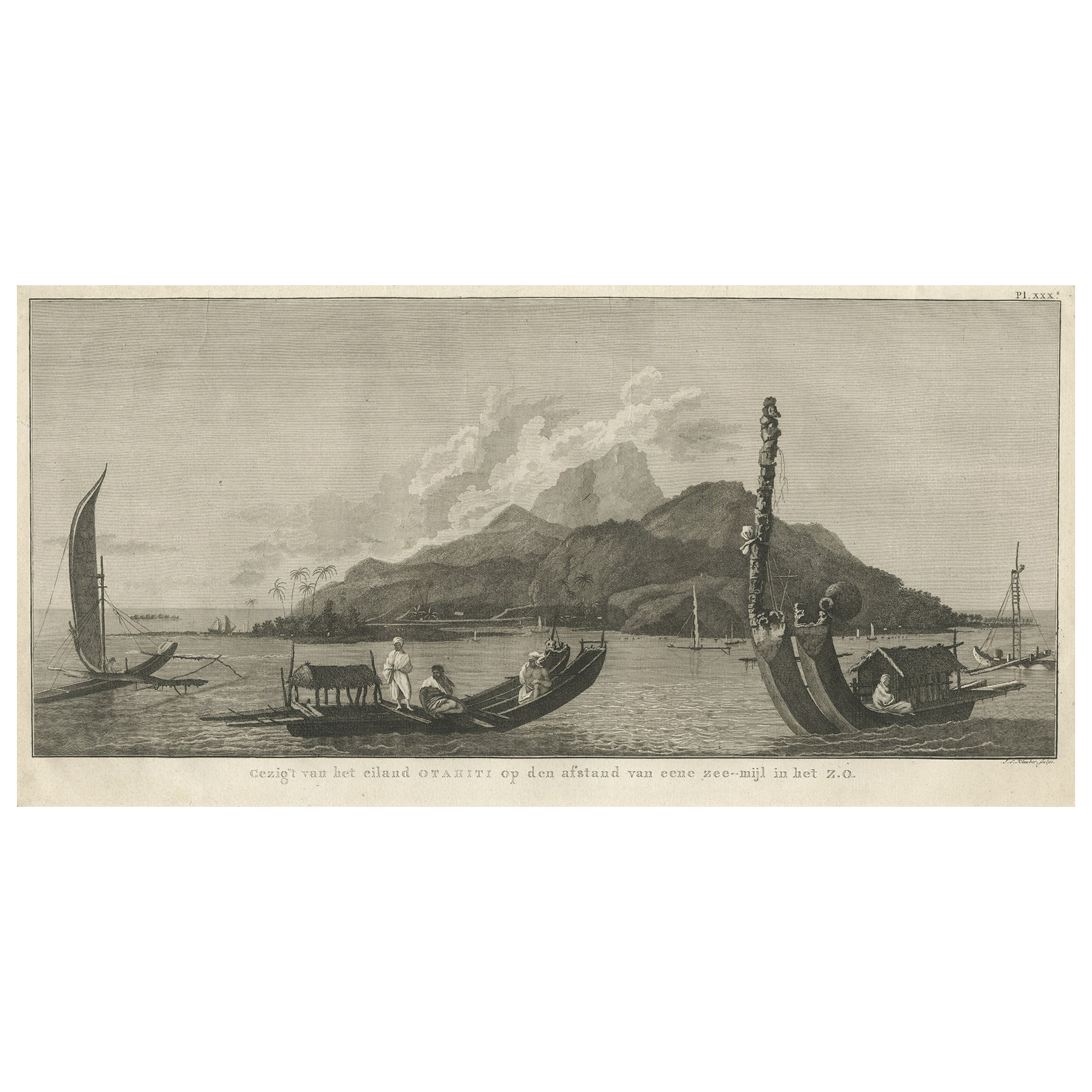 View of the Island of Tahiti, with Outrigger Canoes and Sailing Catamarans, 1803