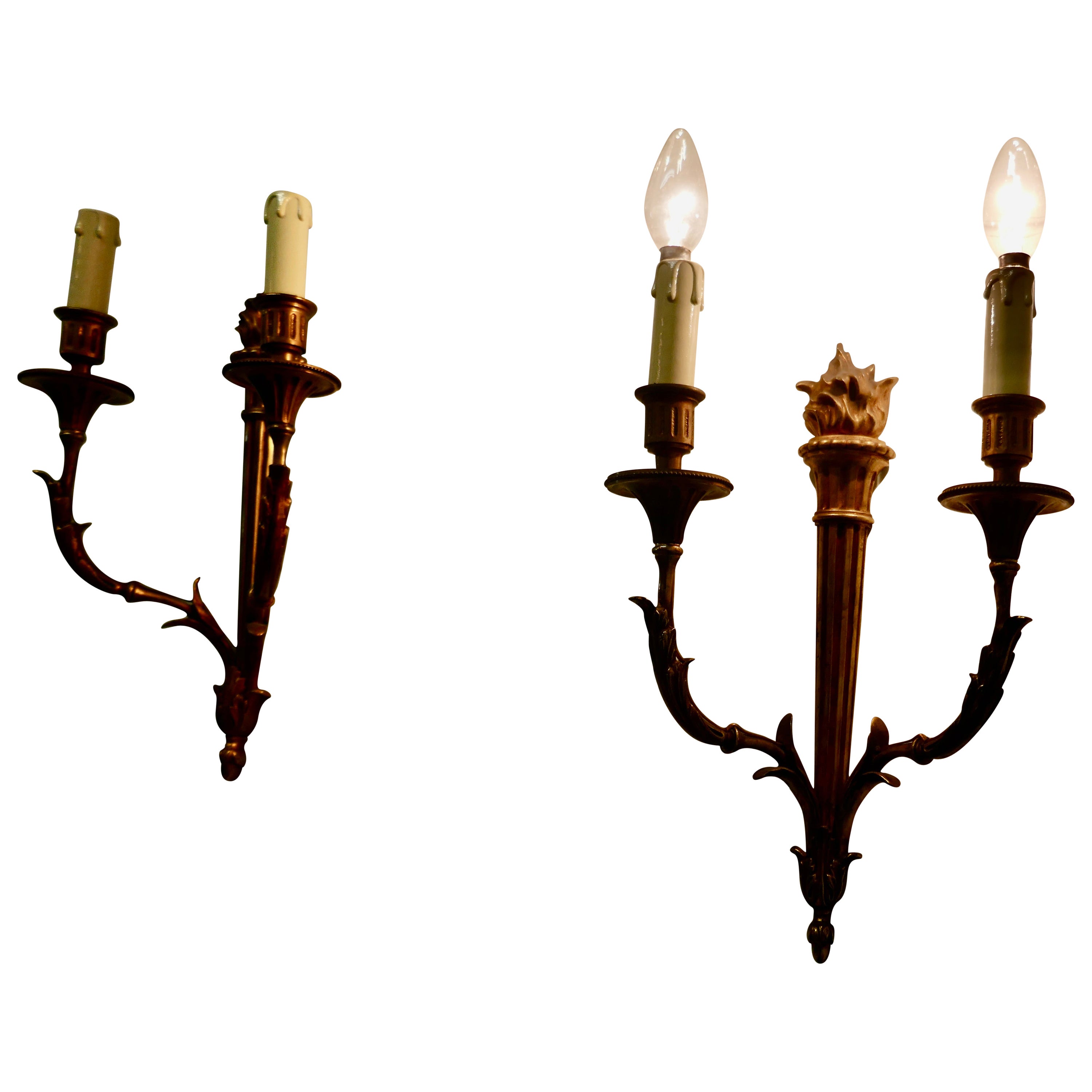 Set of 3 French Neo Classical Large Brass Twin Wall Lights For Sale