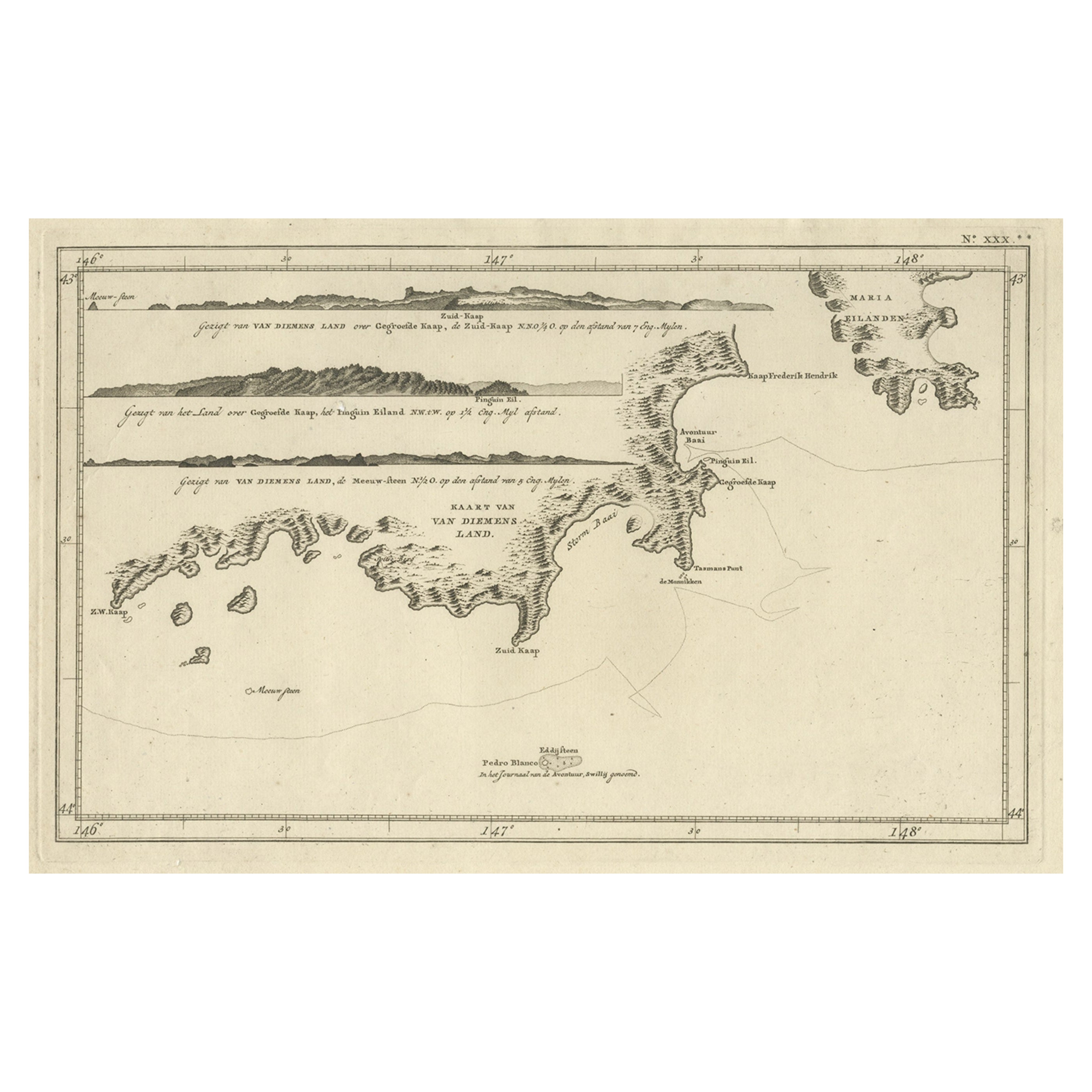 Antike Küstenansichten und eine Karte von Van Diemens Land (Tasmania), Australien, 1803