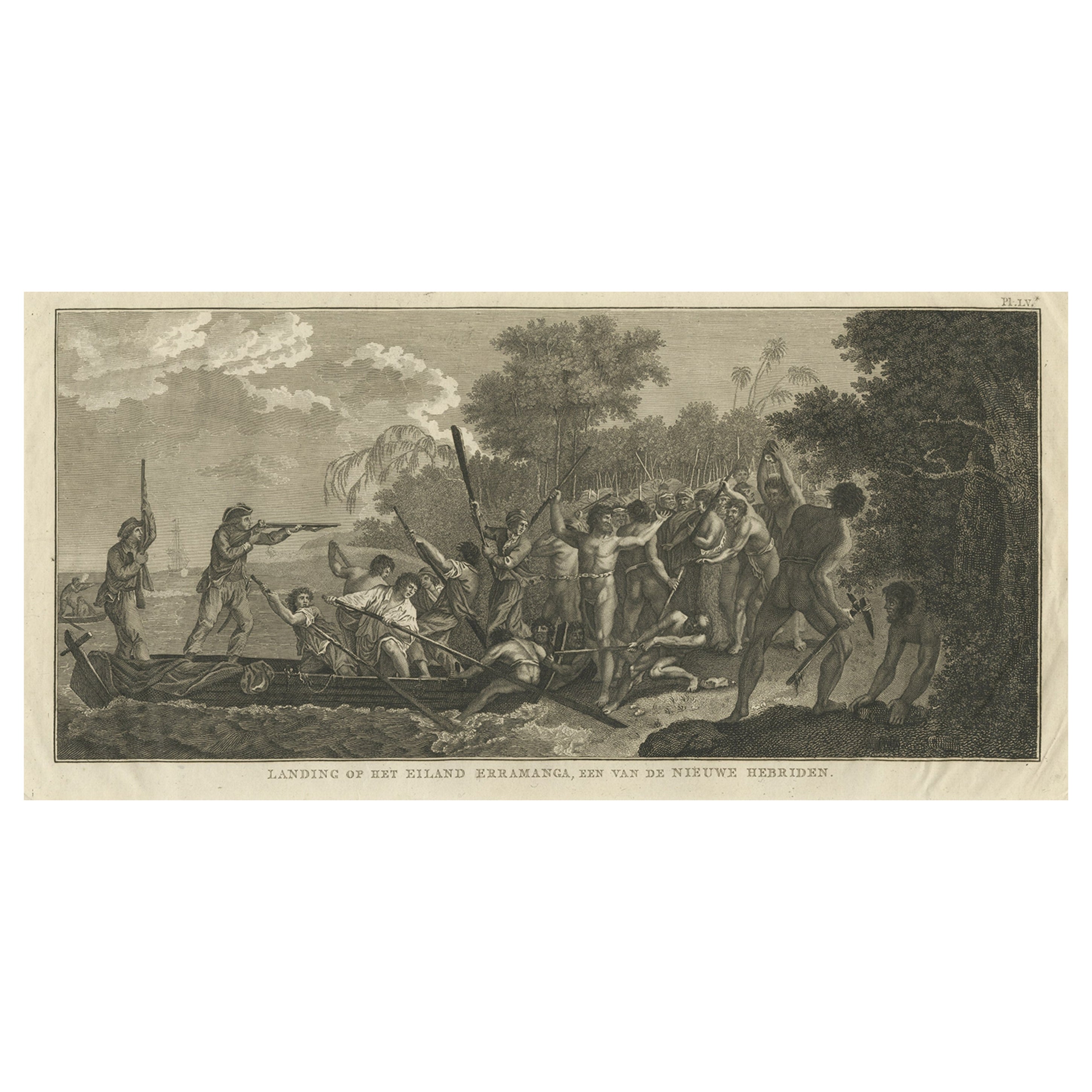 Capt. Cook Aiming His Gun Near Islands of the New Hebrides, Vanuatu, 1803 For Sale