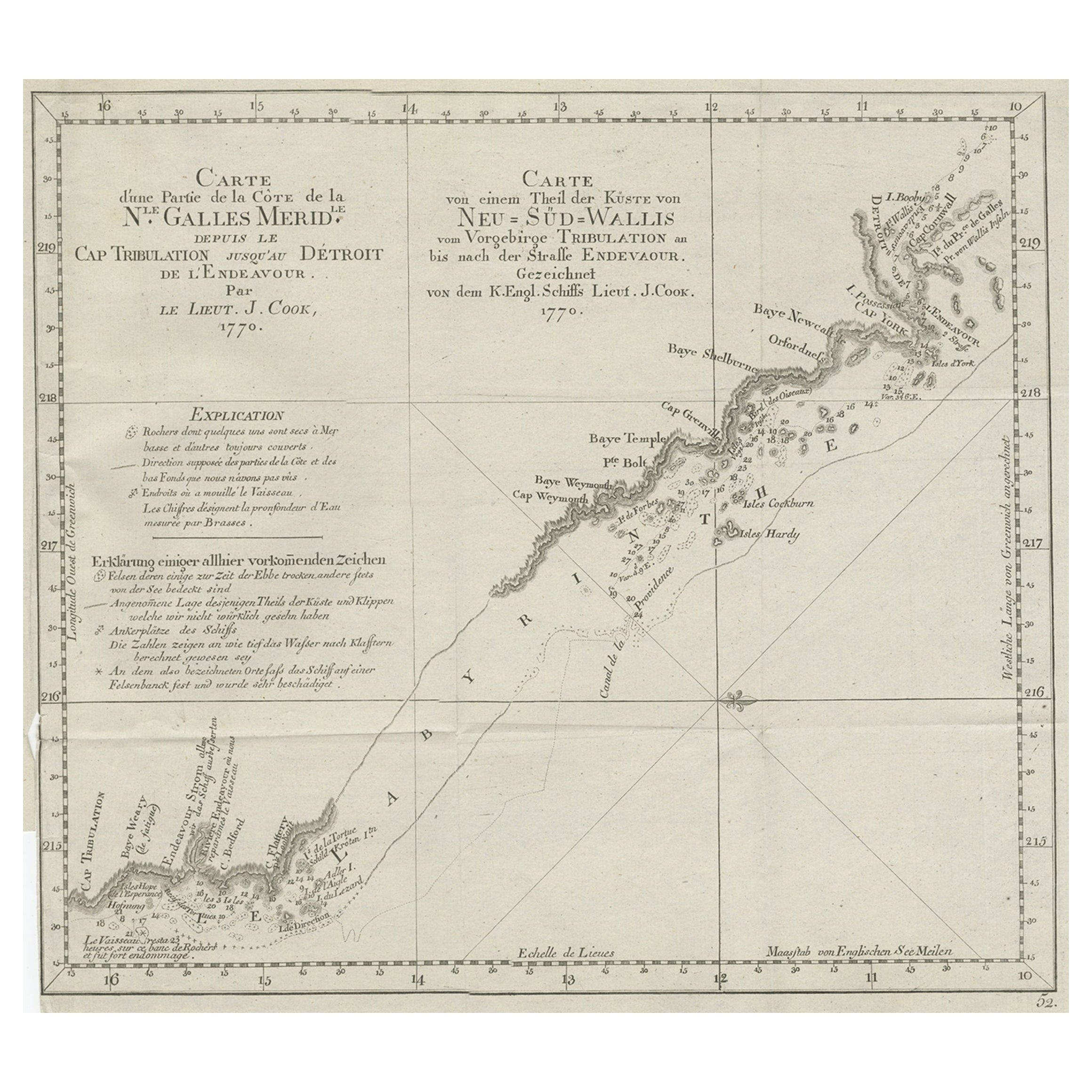 Ancienne carte de la côte nord-est de l'Australie découverte par Cook, 1774