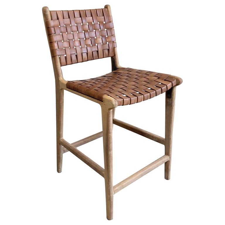 Teak and Brown Woven Leather Strap Counter Stools For Sale