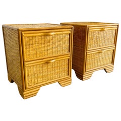 1970s Pair Spanish Lace Wicker & Bamboo Two Drawer Nightstands