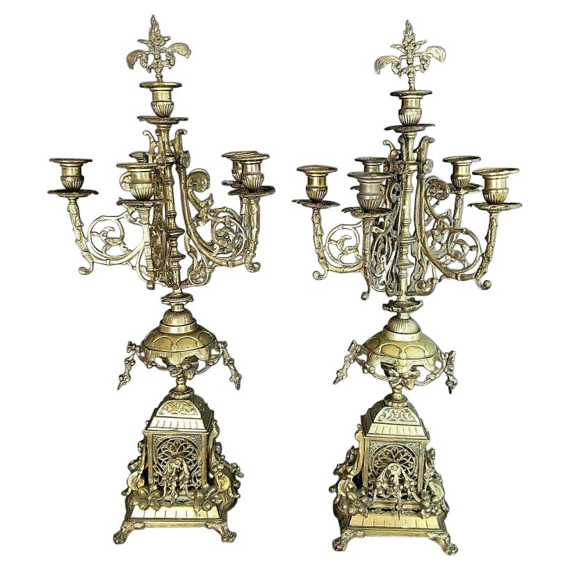 Antique Italian Ornate Bronze French Louis XV Rococo 6 Point Candelabras For Sale