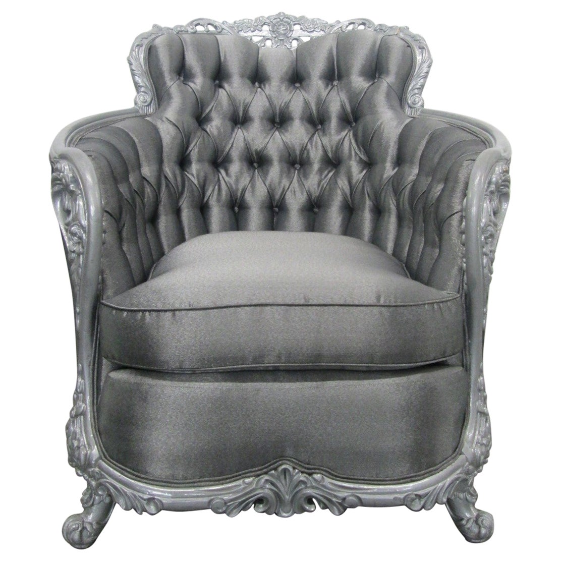 Carved Rococo Style Silver Tufted Chair For Sale