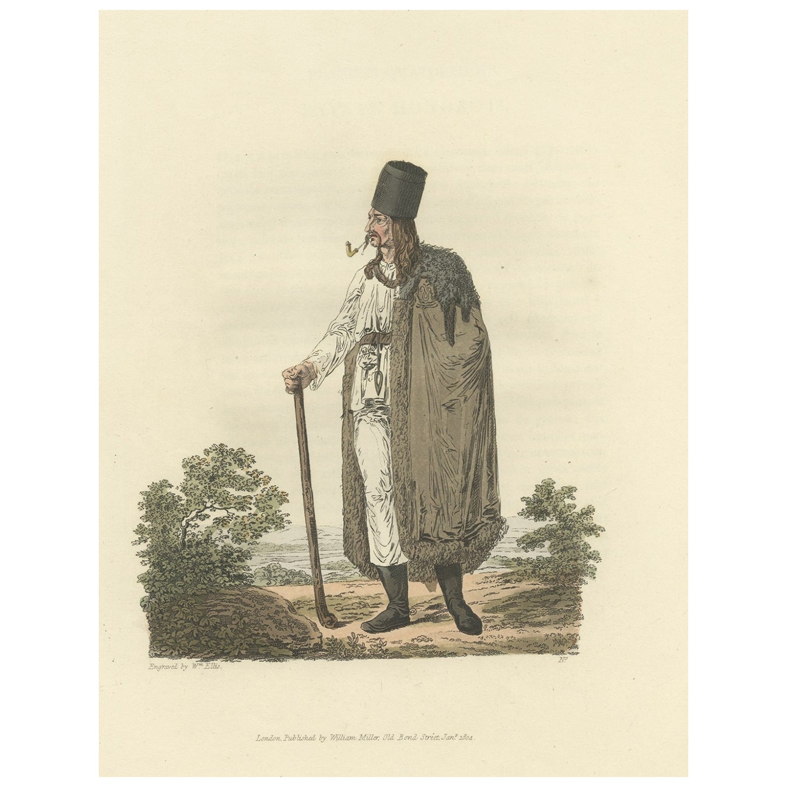 Impression originale de costume antique colore  la main d'un paysan de Hongrie, 1804