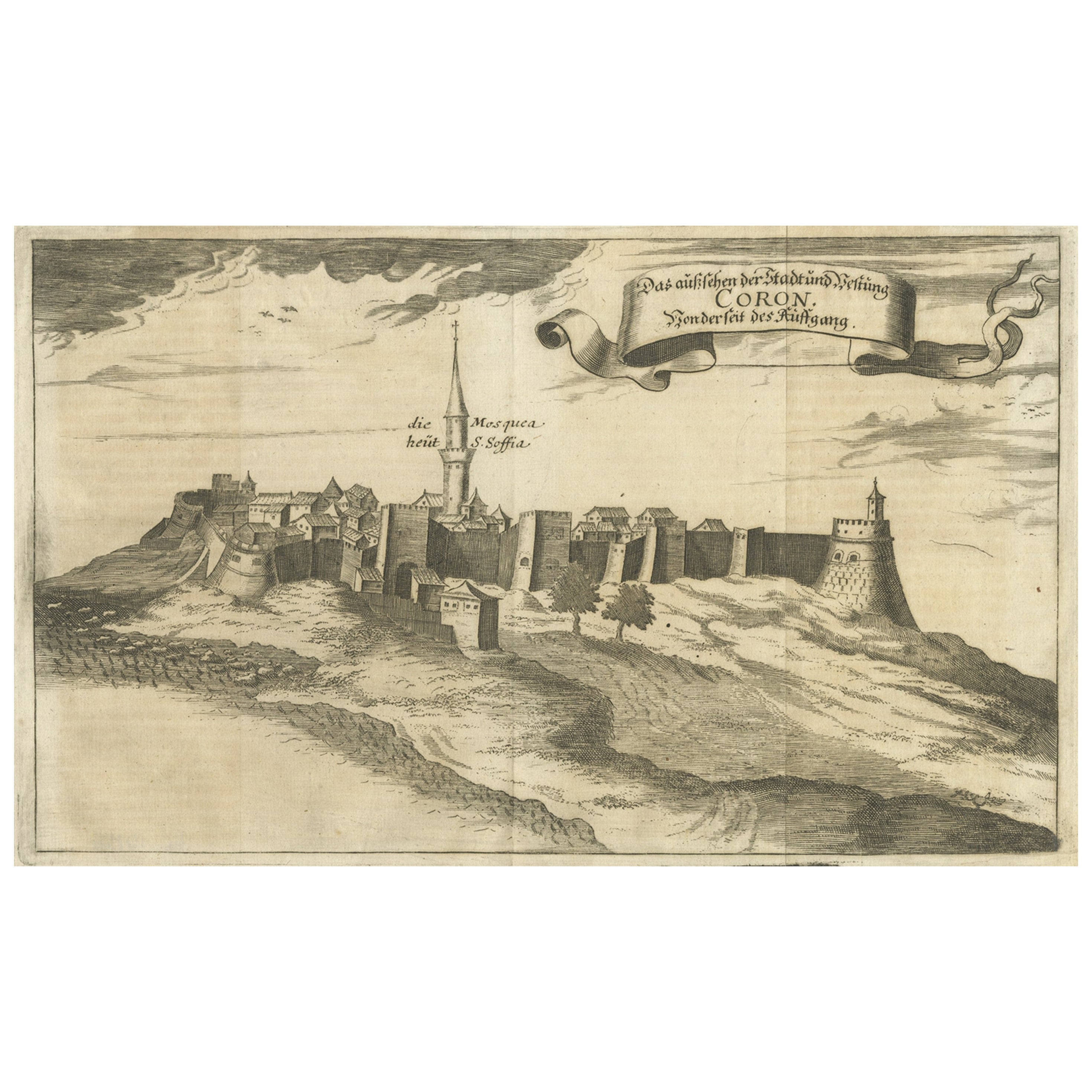 Original Copper Engraving of Koroni 'or Corone', Greece, 1688 For Sale