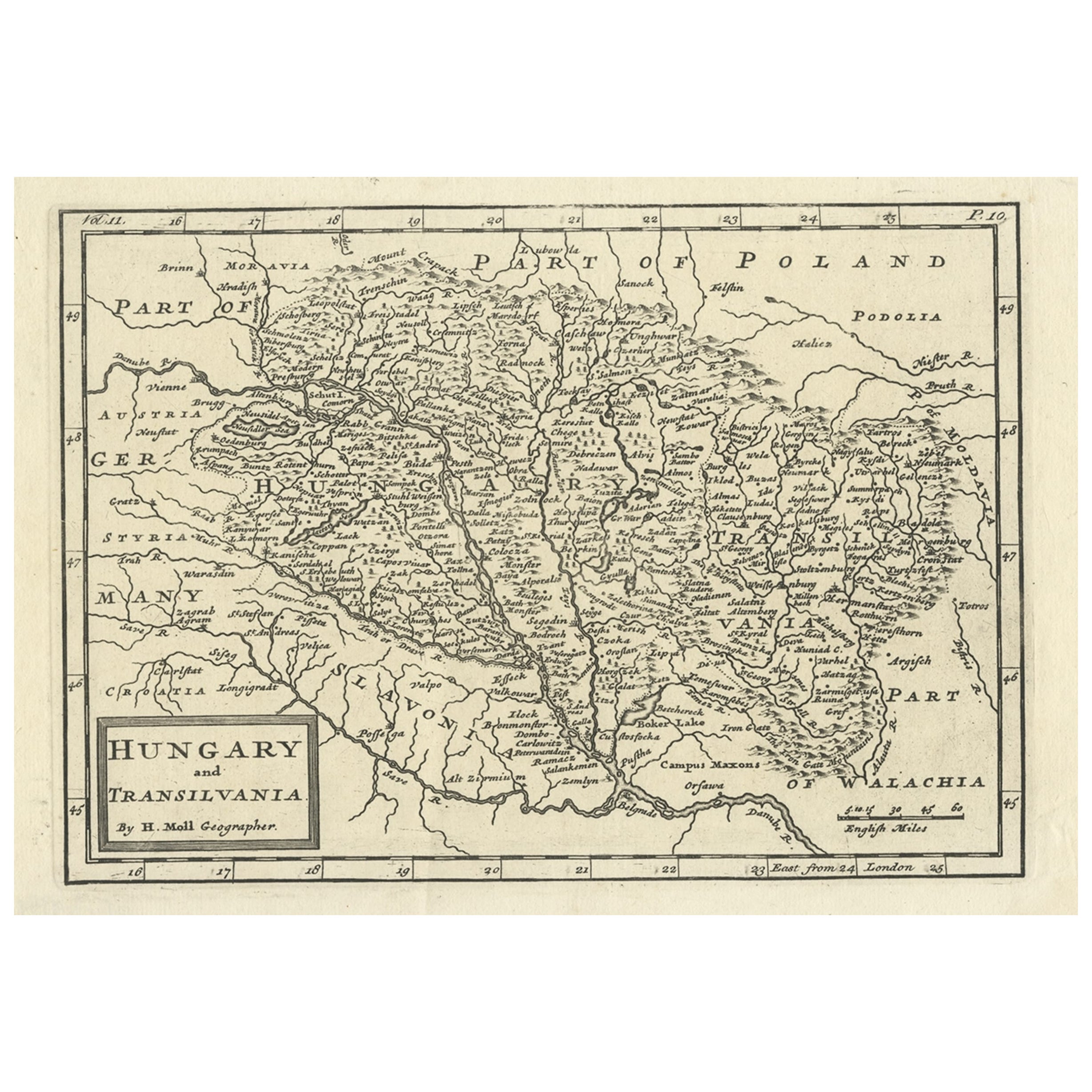 Original Antique Map of Hungary and Transylvania 'Modern Day Romania', C.1710 For Sale