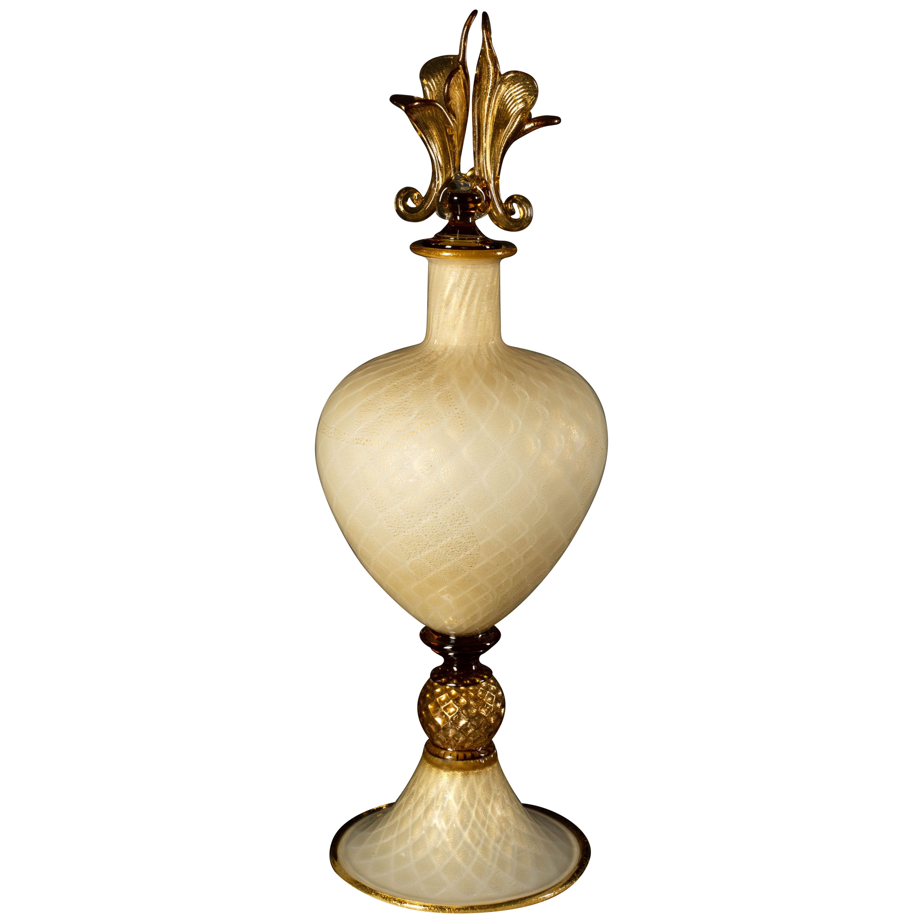 1295 Murano Hand Made Art Glass Vase, Amber Cornucopia 24k Gold Leaf For Sale