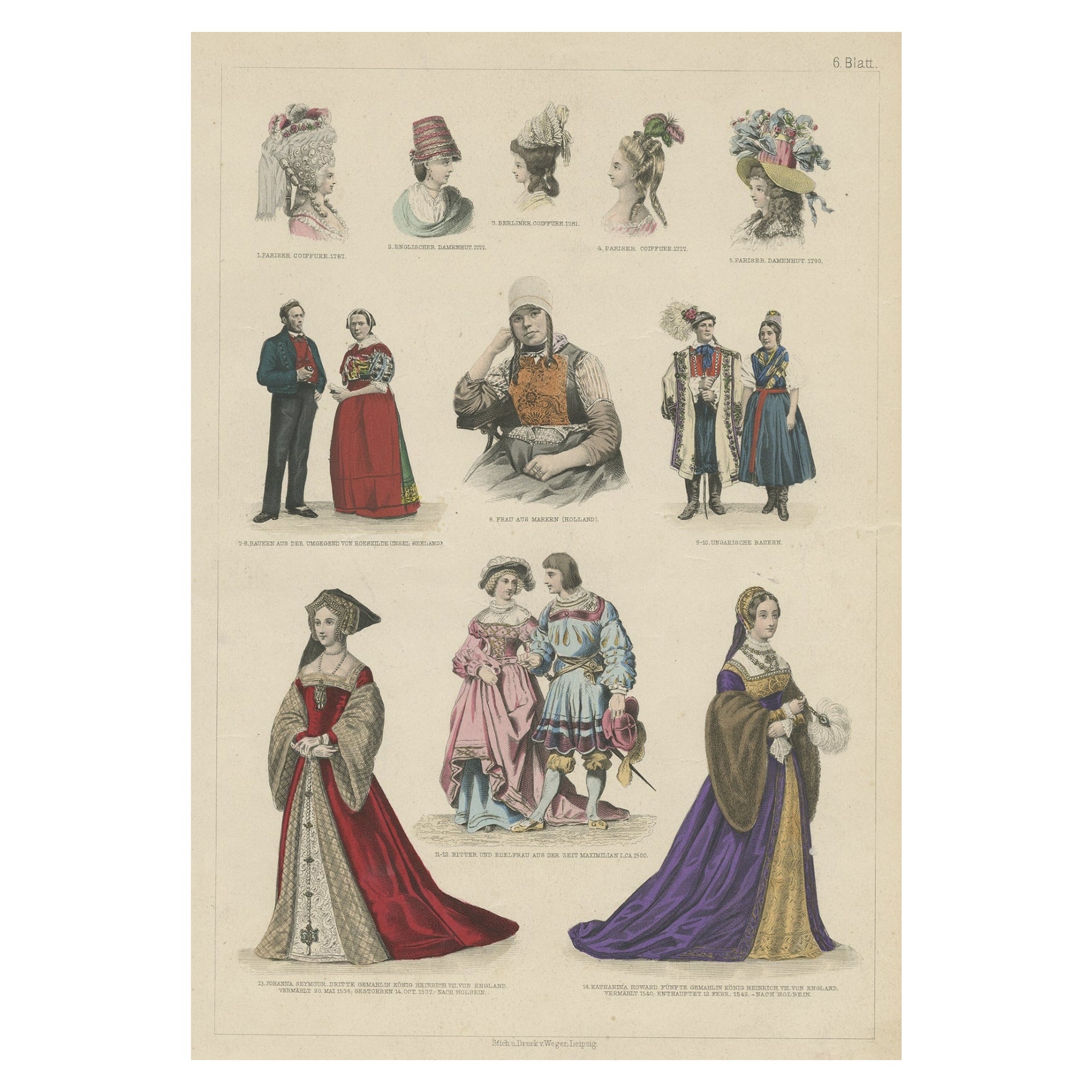 Dekorativer Druck von Kostümen aus Ungarn, England, Deutschland, Holland und Holland, um 1875